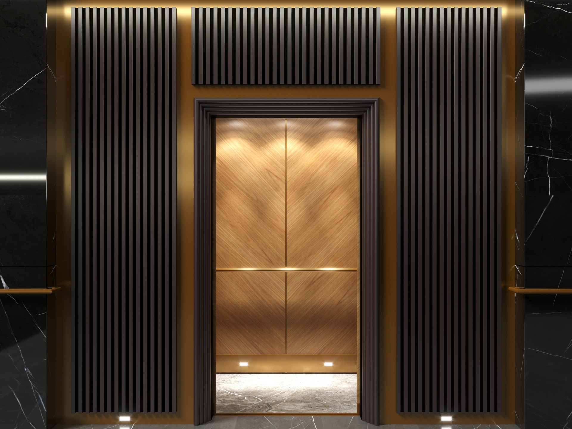 Modern elevator doors in art deco lobby